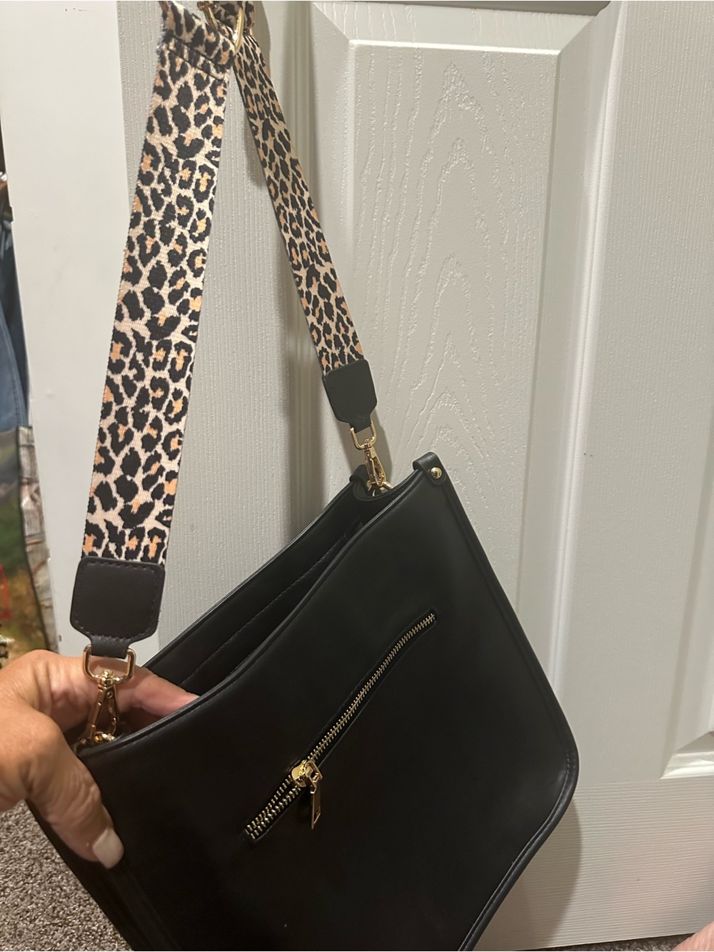 Black Leather Crossbody Bag with Leopard Strap